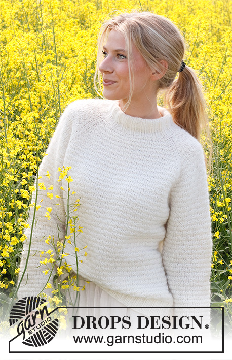Provence Dream / DROPS 230-15 - Knitted sweater in DROPS Air. The piece is worked top down with raglan, moss stitch and double neck. Sizes S - XXXL.