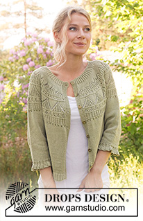 Treasure Hunt Cardigan / DROPS 230-22 - Gestrickte Jacke in DROPS Safran. Die Arbeit wird von unten nach oben mit Rundpasse, Lochmuster und ¾ langen Ärmeln mit Rüschen / Volants gestrickt. Größe S - XXXL.