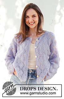 Lila Mist Cardigan / DROPS 230-23 - Gebreid vest in DROPS Brushed Alpaca Silk. Het werk wordt van onder naar boven gebreid met kantpatroon. Maten S - XXXL.