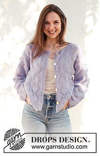 Lila Mist Cardigan / DROPS 230-23 - Gebreid vest in DROPS Brushed Alpaca Silk. Het werk wordt van onder naar boven gebreid met kantpatroon. Maten S - XXXL.