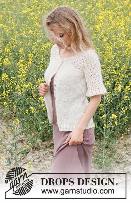 Pearlescent Cardigan / DROPS 230-26 - Strikket cardigan i DROPS Alpaca og DROPS Kid-Silk. Arbejdet strikkes oppefra og ned med snoninger og flæser på ærmerne. Størrelse S - XXXL.