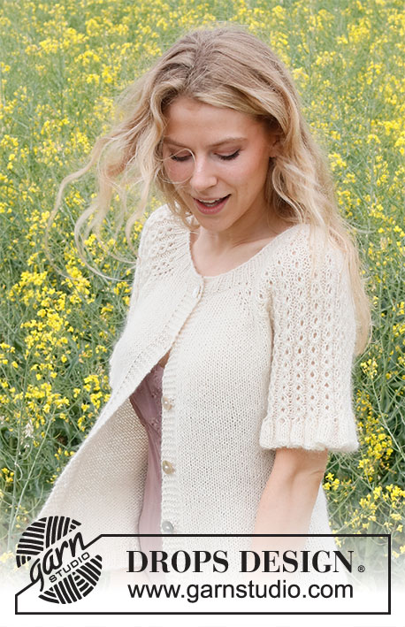 Pearlescent Cardigan / DROPS 230-26 - Strikket cardigan i DROPS Alpaca og DROPS Kid-Silk. Arbejdet strikkes oppefra og ned med snoninger og flæser på ærmerne. Størrelse S - XXXL.