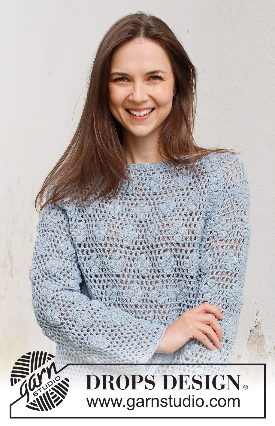 Cloud Catcher / DROPS 230-32 - Virkad tröja i DROPS Cotton Merino. Arbetet virkas uppifrån och ner med raglan, hålmönster, muscher och solfjädersmönster. Storlek S - XXXL.