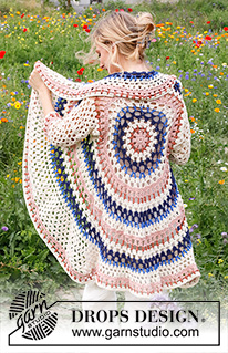 Summer Sunset / DROPS 230-33 - Heklet sirkeljakke i DROPS Paris. Arbeidet hekles med striper og hullmønster. Størrelse S - XXXL.