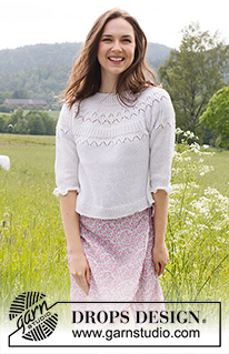 Mountain Frill / DROPS 230-35 - Sweter na drutach, przerabiany od góry do dołu, z zaokrąglonym karczkiem ściegiem ażurowym, rękawami ¾, z włóczki DROPS Nord. Od S do XXXL