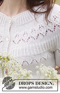 Mountain Frill Cardigan / DROPS 230-36 - Knitted jacket with ¾ sleeves in DROPS Nord. Piece is knitted top down with round yoke and lace pattern on yoke. Size: S - XXXL