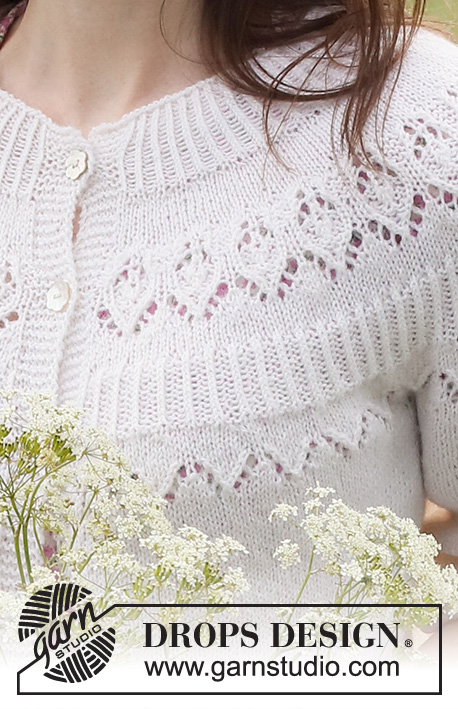 Mountain Frill Cardigan / DROPS 230-36 - Knitted jacket with ¾ sleeves in DROPS Nord. Piece is knitted top down with round yoke and lace pattern on yoke. Size: S - XXXL
