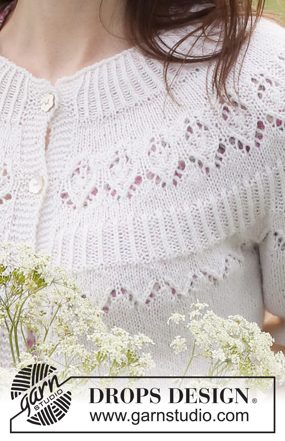 Mountain Frill Cardigan / DROPS 230-36 - Knitted jacket with ¾ sleeves in DROPS Nord. Piece is knitted top down with round yoke and lace pattern on yoke. Size: S - XXXL