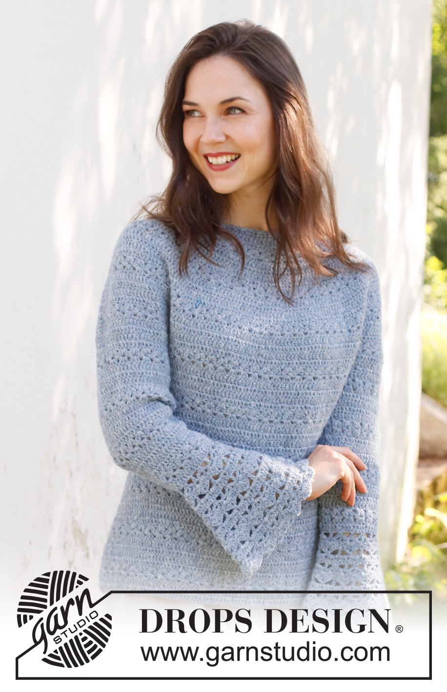 Spring Renaissance / DROPS 230-37 - Crocheted jumper in DROPS Sky. The piece is worked top down with round yoke, lace and fan pattern and trumpet sleeves. Sizes S - XXXL.