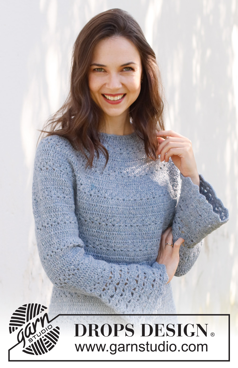 Spring Renaissance / DROPS 230-37 - Crocheted jumper in DROPS Sky. The piece is worked top down with round yoke, lace and fan pattern and trumpet sleeves. Sizes S - XXXL.