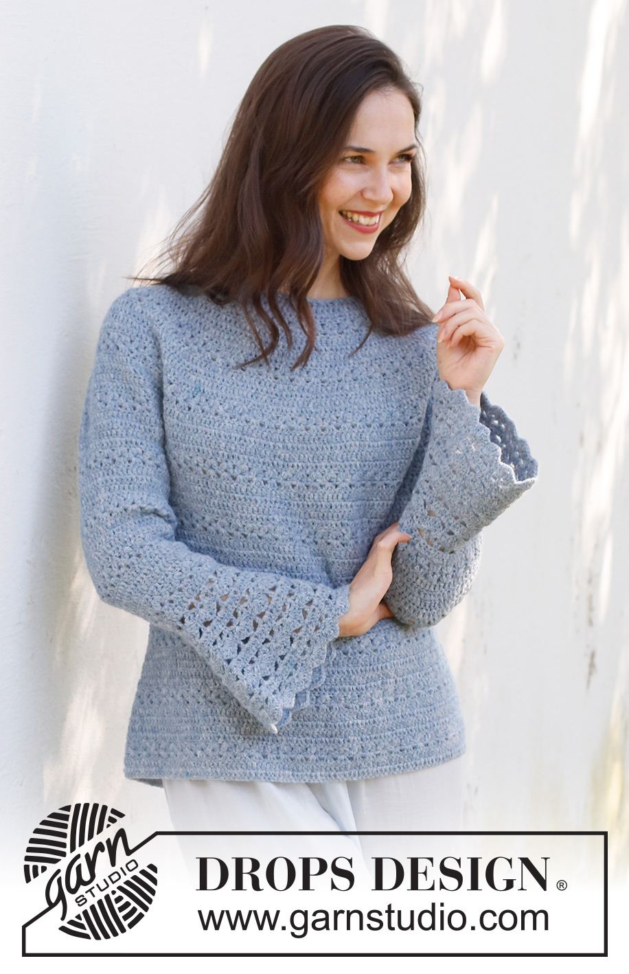 Spring Renaissance / DROPS 230-37 - Crocheted jumper in DROPS Sky. The piece is worked top down with round yoke, lace and fan pattern and trumpet sleeves. Sizes S - XXXL.