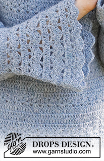 Spring Renaissance / DROPS 230-37 - Crocheted jumper in DROPS Sky. The piece is worked top down with round yoke, lace and fan pattern and trumpet sleeves. Sizes S - XXXL.