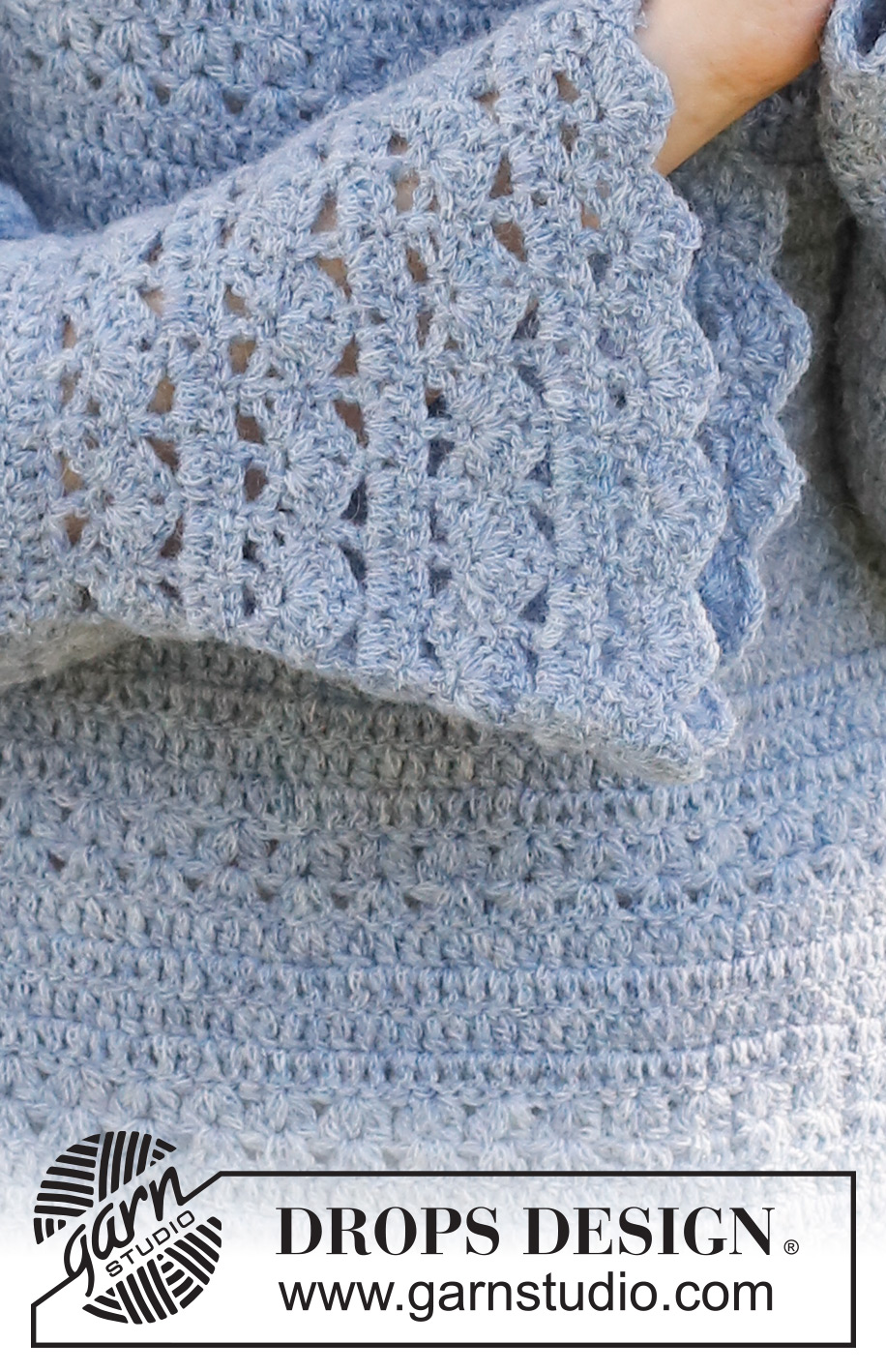 Spring Renaissance / DROPS 230-37 - Crocheted jumper in DROPS Sky. The piece is worked top down with round yoke, lace and fan pattern and trumpet sleeves. Sizes S - XXXL.