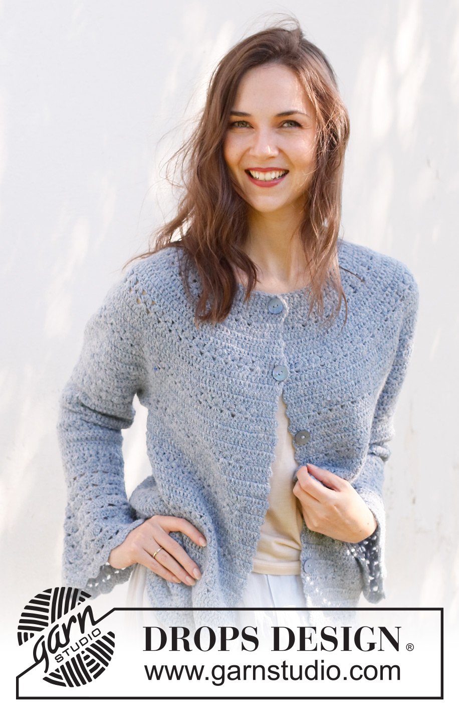 Spring Renaissance Cardigan / DROPS 230-38 - Crocheted jacket in DROPS Sky. The piece is worked top down with round yoke, lace and fan pattern and trumpet sleeves. Sizes S - XXXL.