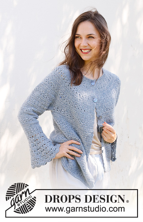 Spring Renaissance Cardigan / DROPS 230-38 - Crocheted jacket in DROPS Sky. The piece is worked top down with round yoke, lace and fan pattern and trumpet sleeves. Sizes S - XXXL.