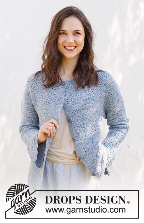 Spring Renaissance Cardigan / DROPS 230-38 - Crocheted jacket in DROPS Sky. The piece is worked top down with round yoke, lace and fan pattern and trumpet sleeves. Sizes S - XXXL.
