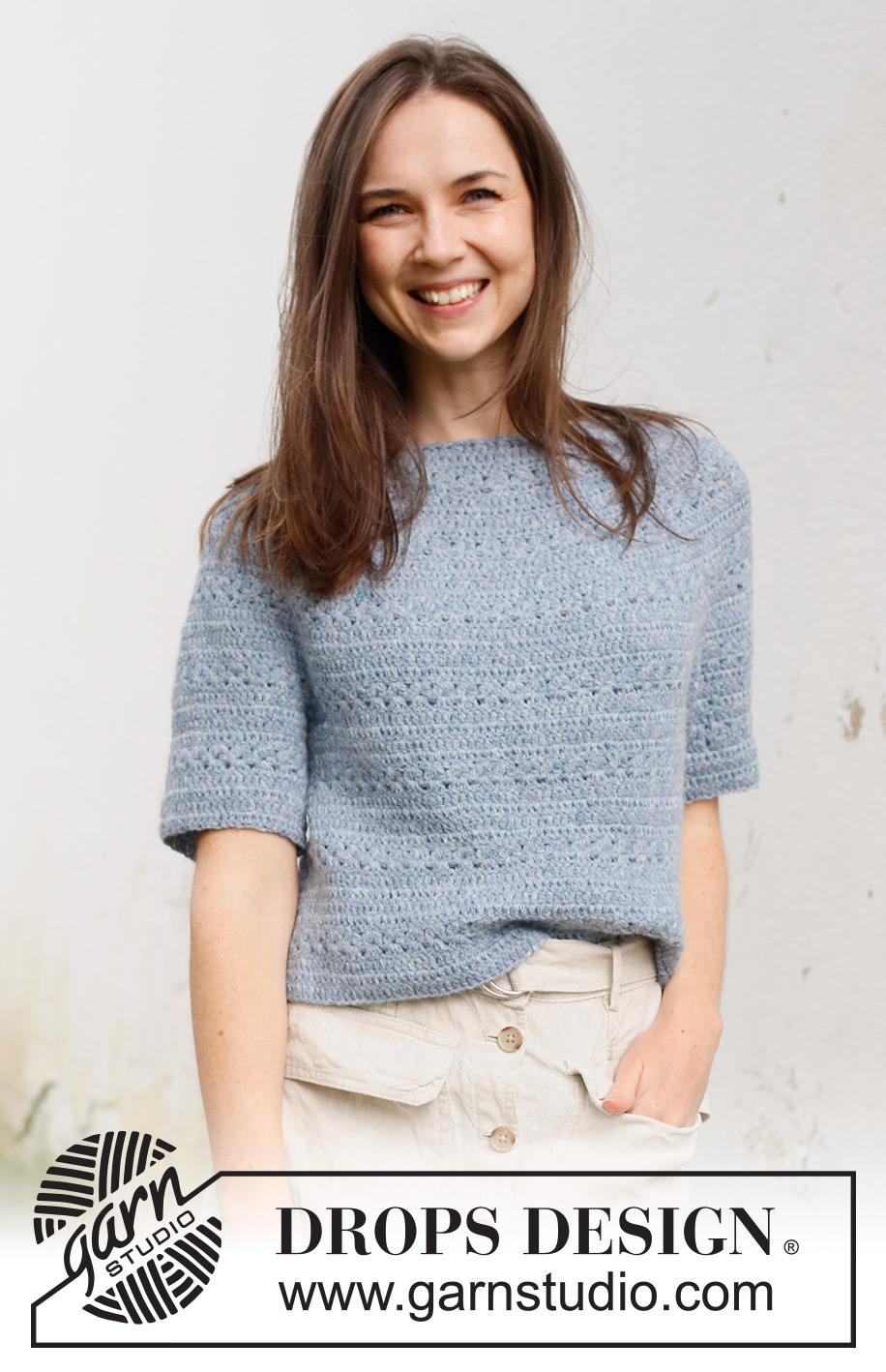 Spring Renaissance Top / DROPS 230-40 - Crocheted jumper with short sleeves / t-shirt in DROPS Sky. Piece is crocheted top down with round yoke and lace pattern. Size: S - XXXL