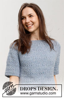 Spring Renaissance Top / DROPS 230-40 - Crocheted jumper with short sleeves / t-shirt in DROPS Sky. Piece is crocheted top down with round yoke and lace pattern. Size: S - XXXL