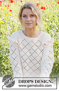 Harlequin Ruffles / DROPS 230-44 - Gehäkelter Pullover in DROPS Safran. Die Arbeit wird mit Lochmuster und Rüschen gehäkelt. Größe S – XXXL.