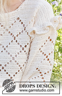 Harlequin Ruffles / DROPS 230-44 - Gehäkelter Pullover in DROPS Safran. Die Arbeit wird mit Lochmuster und Rüschen gehäkelt. Größe S – XXXL.
