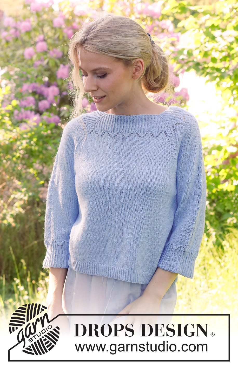Lost in the Sky Top / DROPS 230-48 - Strikket bluse med ¾ lange ærmer i DROPS Alpaca. Arbejdet strikkes oppefra og ned med raglan og hulmønster. Størrelse S - XXXL.