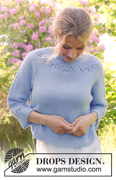 Lost in the Sky Top / DROPS 230-48 - Strikket bluse med ¾ lange ærmer i DROPS Alpaca. Arbejdet strikkes oppefra og ned med raglan og hulmønster. Størrelse S - XXXL.