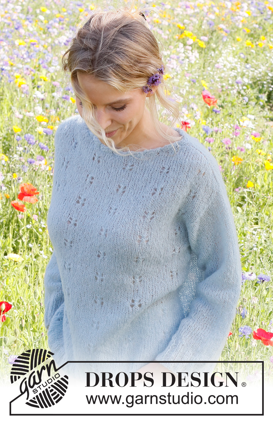 Blue Butterfly / DROPS 230-49 - Stickad tröja i DROPS Brushed Alpaca Silk. Arbetet stickas uppifrån och ner med axelökning, hålmönster och dekorationskant. Storlek S - XXXL.