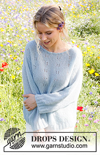 Blue Butterfly / DROPS 230-49 - Stickad tröja i DROPS Brushed Alpaca Silk. Arbetet stickas uppifrån och ner med axelökning, hålmönster och dekorationskant. Storlek S - XXXL.