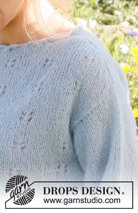 Blue Butterfly / DROPS 230-49 - Stickad tröja i DROPS Brushed Alpaca Silk. Arbetet stickas uppifrån och ner med axelökning, hålmönster och dekorationskant. Storlek S - XXXL.