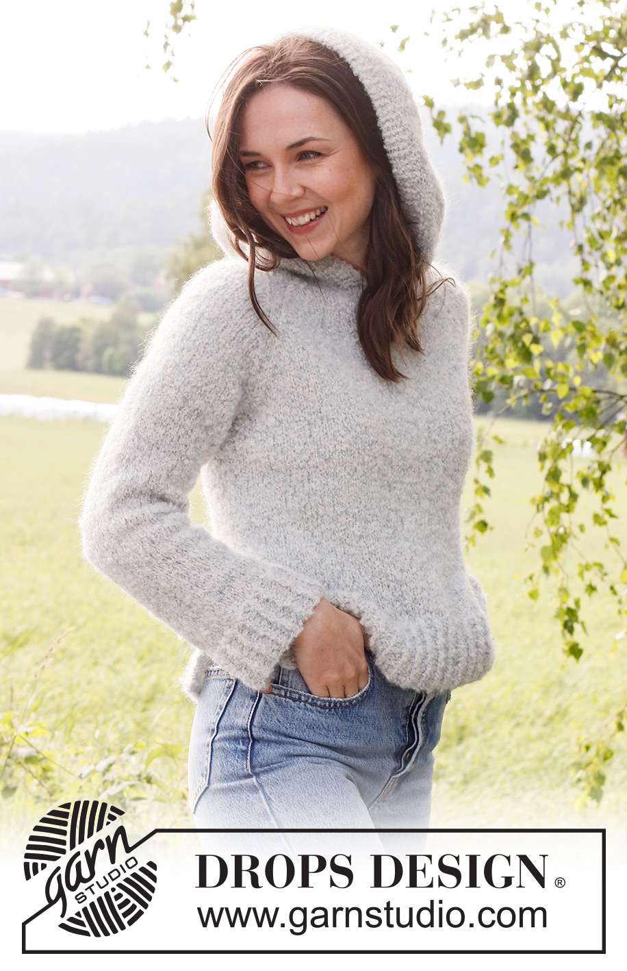 Mist Cover / DROPS 230-5 - Knitted jumper in DROPS Alpaca Bouclé and DROPS Kid-Silk. Piece is knitted bottom up, in stocking stitch with raglan, hood and vents in the sides. Size: S - XXXL
