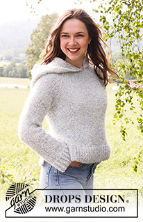 Mist Cover / DROPS 230-5 - Knitted jumper in DROPS Alpaca Bouclé and DROPS Kid-Silk. Piece is knitted bottom up, in stocking stitch with raglan, hood and vents in the sides. Size: S - XXXL