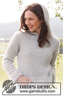 Mist Cover / DROPS 230-5 - Knitted jumper in DROPS Alpaca Bouclé and DROPS Kid-Silk. Piece is knitted bottom up, in stocking stitch with raglan, hood and vents in the sides. Size: S - XXXL