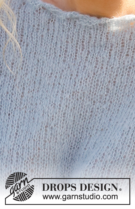 Piece of Sky / DROPS 230-50 - Sweter na drutach, przerabiany od góry do dołu, z dodawaniem oczek na ramiona i fantazyjnym dekoltem, z włóczki DROPS Brushed Alpaca Silk. Od S do XXXL.