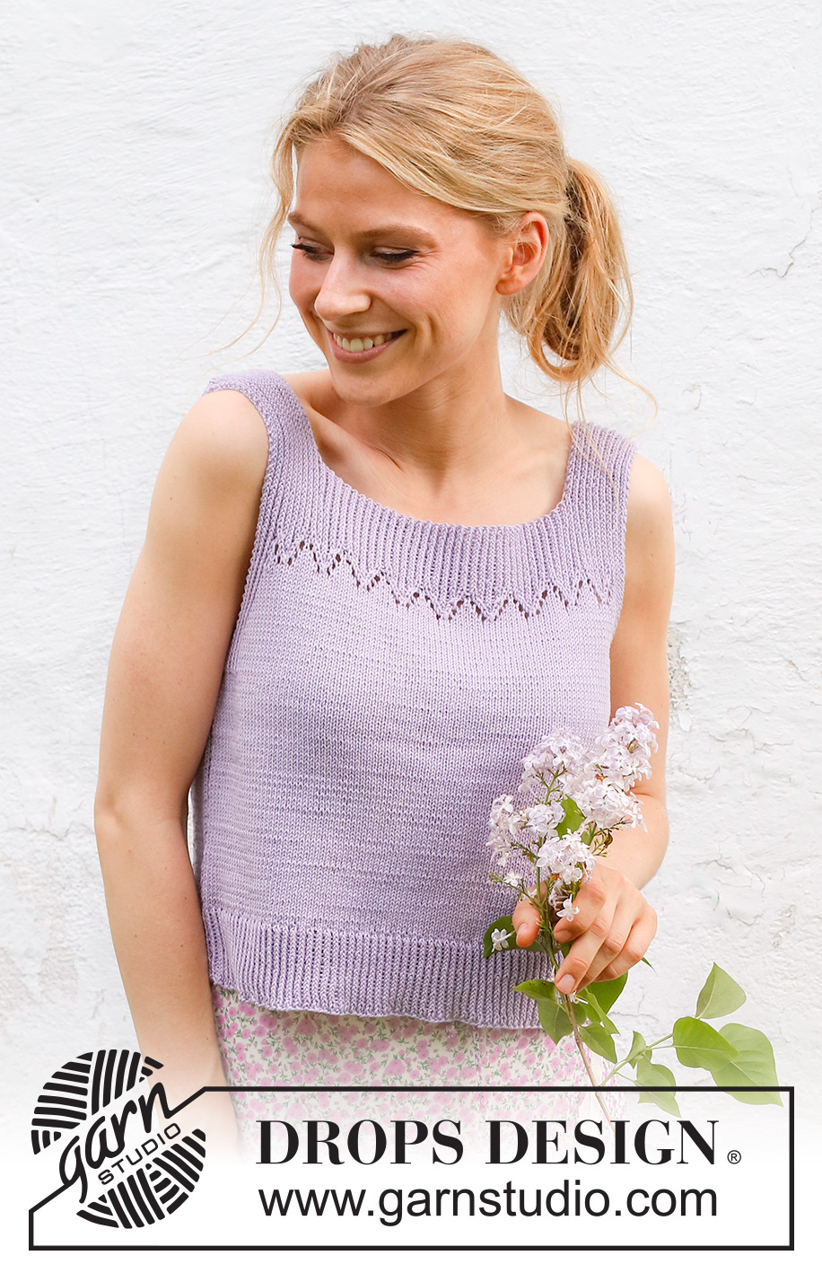 Spring Peak / DROPS 230-54 - Knitted top top/singlet in DROPS Safran. Piece is knitted top down with lace pattern and vents in the sides. Size: S - XXXL