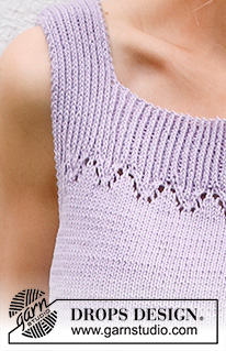 Spring Peak / DROPS 230-54 - Knitted top top/singlet in DROPS Safran. Piece is knitted top down with lace pattern and vents in the sides. Size: S - XXXL