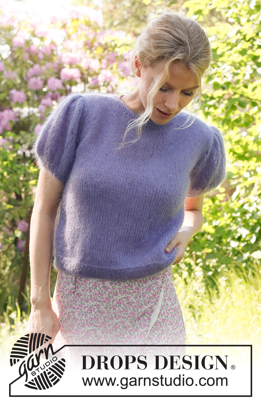 Violet Meadow / DROPS 230-55 - Stickad tröja / t -shirt i 2 trådar DROPS Kid-Silk. Arbetet stickas nedifrån och upp, i slätstickning med korta puffärmar. Storlek S - XXXL.