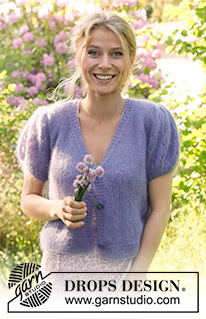 Violet Meadow Cardigan / DROPS 230-56 - Knitted jacket in 2 strands DROPS Kid-Silk. The piece is worked bottom up with V-neck and puffed sleeves. Sizes S - XXXL.
