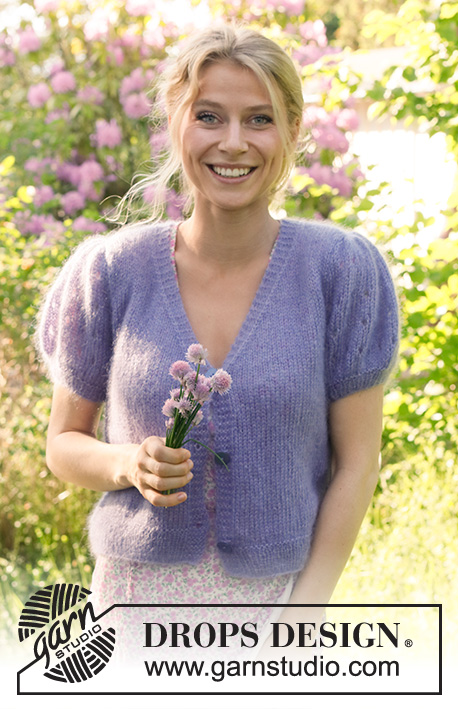 Violet Meadow Cardigan / DROPS 230-56 - Knitted jacket in 2 strands DROPS Kid-Silk. The piece is worked bottom up with V-neck and puffed sleeves. Sizes S - XXXL.