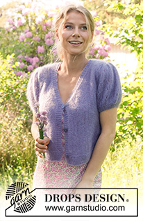 Violet Meadow Cardigan / DROPS 230-56 - Knitted jacket in 2 strands DROPS Kid-Silk. The piece is worked bottom up with V-neck and puffed sleeves. Sizes S - XXXL.