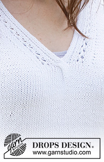 White Trail / DROPS 230-6 - Strikket bluse i DROPS Belle. Arbejdet strikkes nedenfra og op med v-hals og hulmønster. Størrelse S - XXXL.