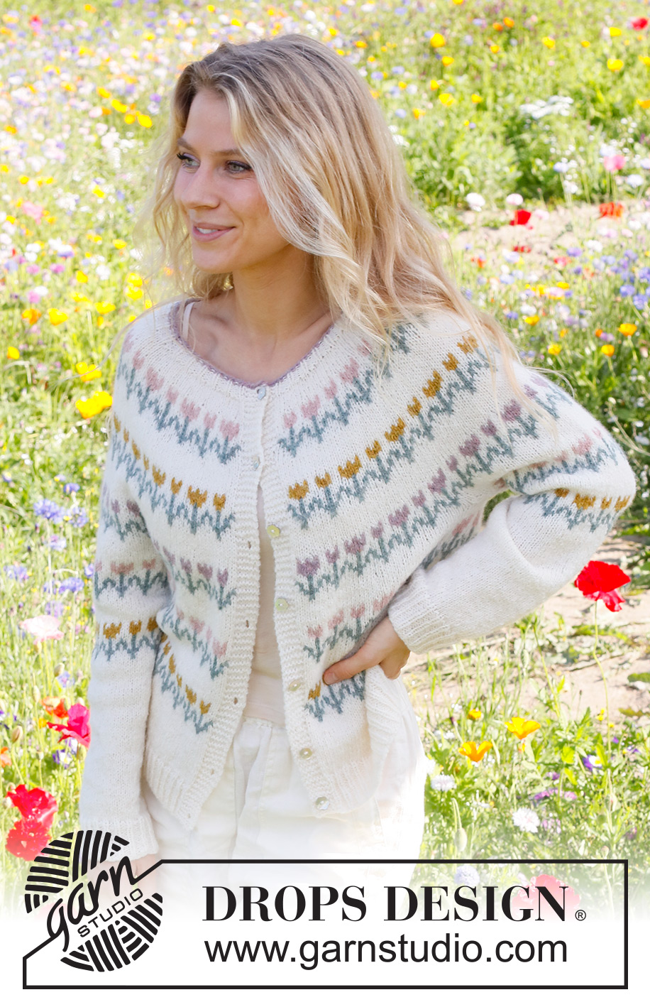 Spring Parade Cardigan / DROPS 230-7 - Knitted jacket in DROPS Sky. The piece is worked top down with round yoke, flowers/folklore pattern. Sizes S - XXXL.
