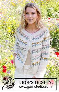 Spring Parade Cardigan / DROPS 230-7 - Knitted jacket in DROPS Sky. The piece is worked top down with round yoke, flowers/folklore pattern. Sizes S - XXXL.