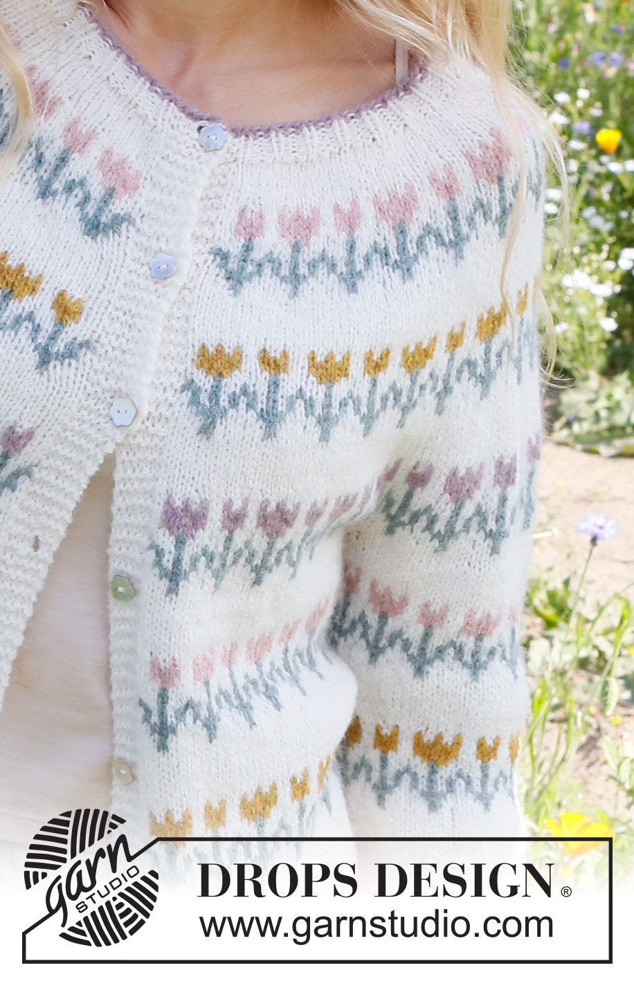 Spring Parade Cardigan / DROPS 230-7 - Knitted jacket in DROPS Sky. The piece is worked top down with round yoke, flowers/folklore pattern. Sizes S - XXXL.