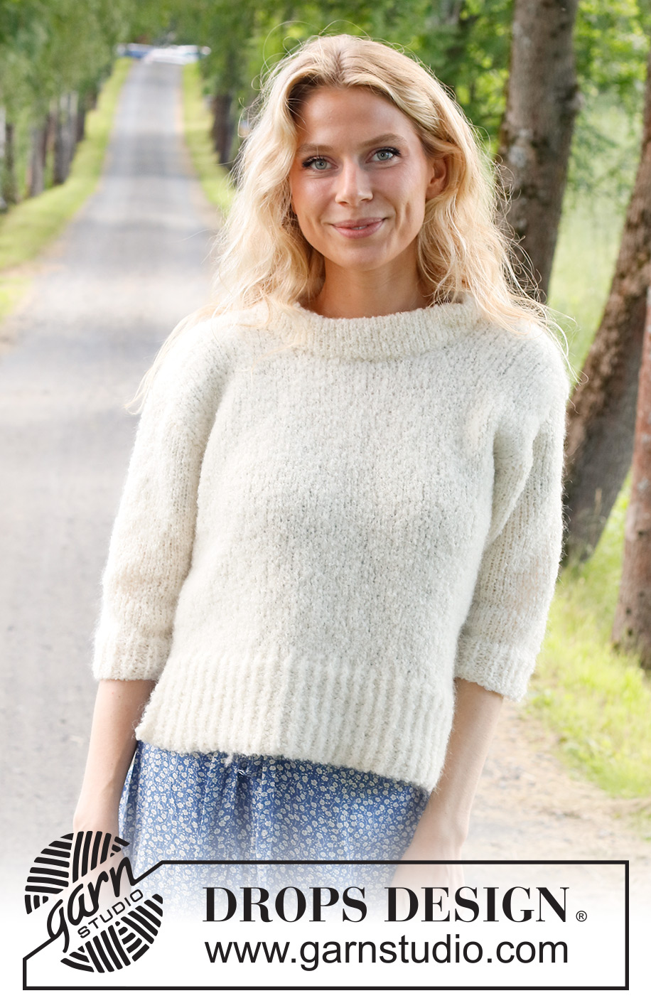 Soft Journey / DROPS 230-9 - Pull tricoté de bas en haut en jersey, en DROPS Alpaca Bouclé en DROPS Kid-Silk, avec bordures en côtes, fentes côtés sur les côtés et manches ¾. Du S au XXXL.