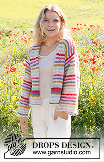 Candy Stripes Cardigan / DROPS 231-1 - Knitted basic jacket in 2 strands DROPS Brushed Alpaca Silk. The piece is worked bottom up, with stripes. Sizes XS - XXL.