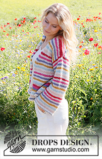 Candy Stripes Cardigan / DROPS 231-1 - Knitted basic jacket in 2 strands DROPS Brushed Alpaca Silk. The piece is worked bottom up, with stripes. Sizes XS - XXL.