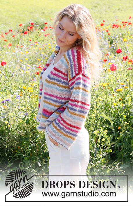 Candy Stripes Cardigan / DROPS 231-1 - Knitted basic jacket in 2 strands DROPS Brushed Alpaca Silk. The piece is worked bottom up, with stripes. Sizes XS - XXL.