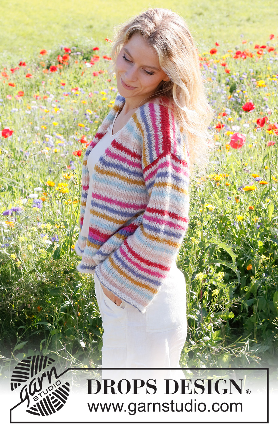 Candy Stripes Cardigan / DROPS 231-1 - Knitted basic jacket in 2 strands DROPS Brushed Alpaca Silk. The piece is worked bottom up, with stripes. Sizes XS - XXL.