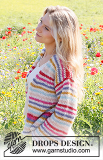 Candy Stripes Cardigan / DROPS 231-1 - Knitted basic jacket in 2 strands DROPS Brushed Alpaca Silk. The piece is worked bottom up, with stripes. Sizes XS - XXL.