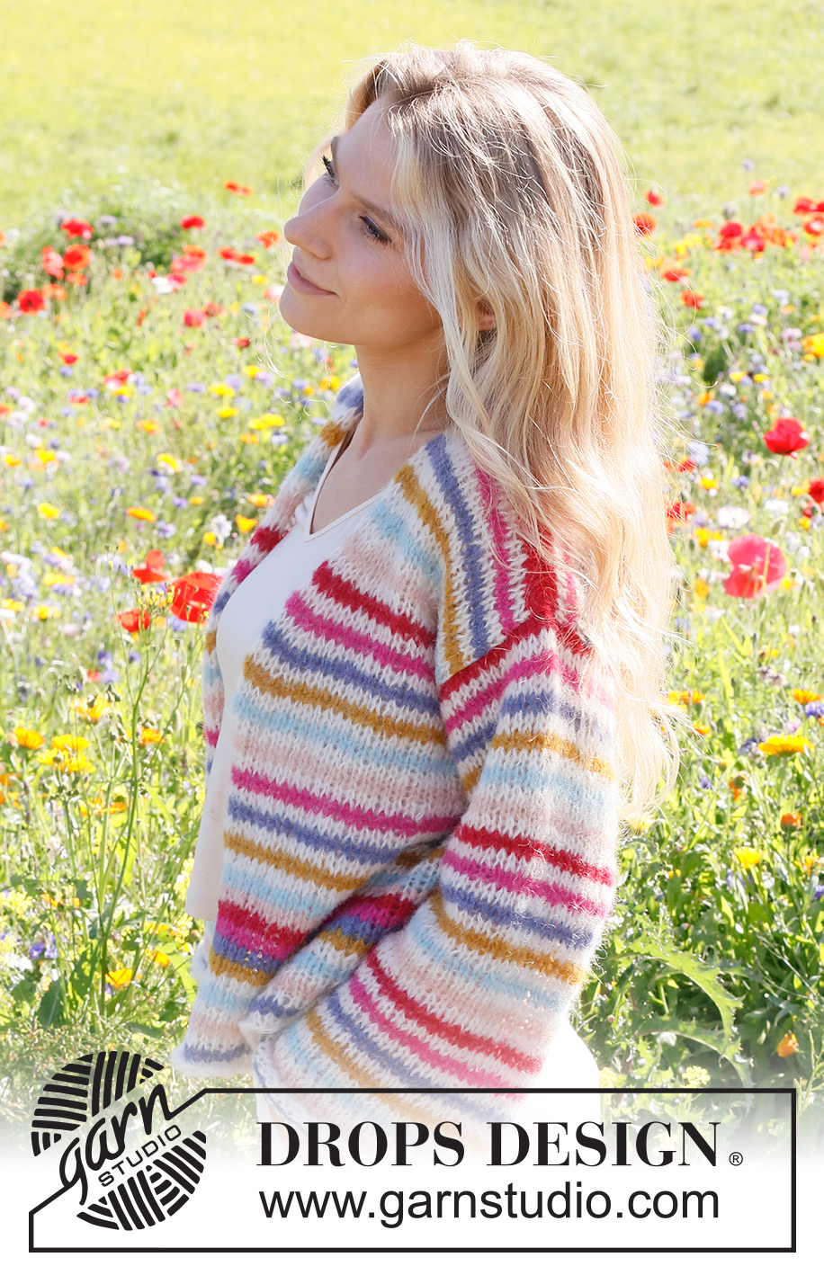 Candy Stripes Cardigan / DROPS 231-1 - Knitted basic jacket in 2 strands DROPS Brushed Alpaca Silk. The piece is worked bottom up, with stripes. Sizes XS - XXL.